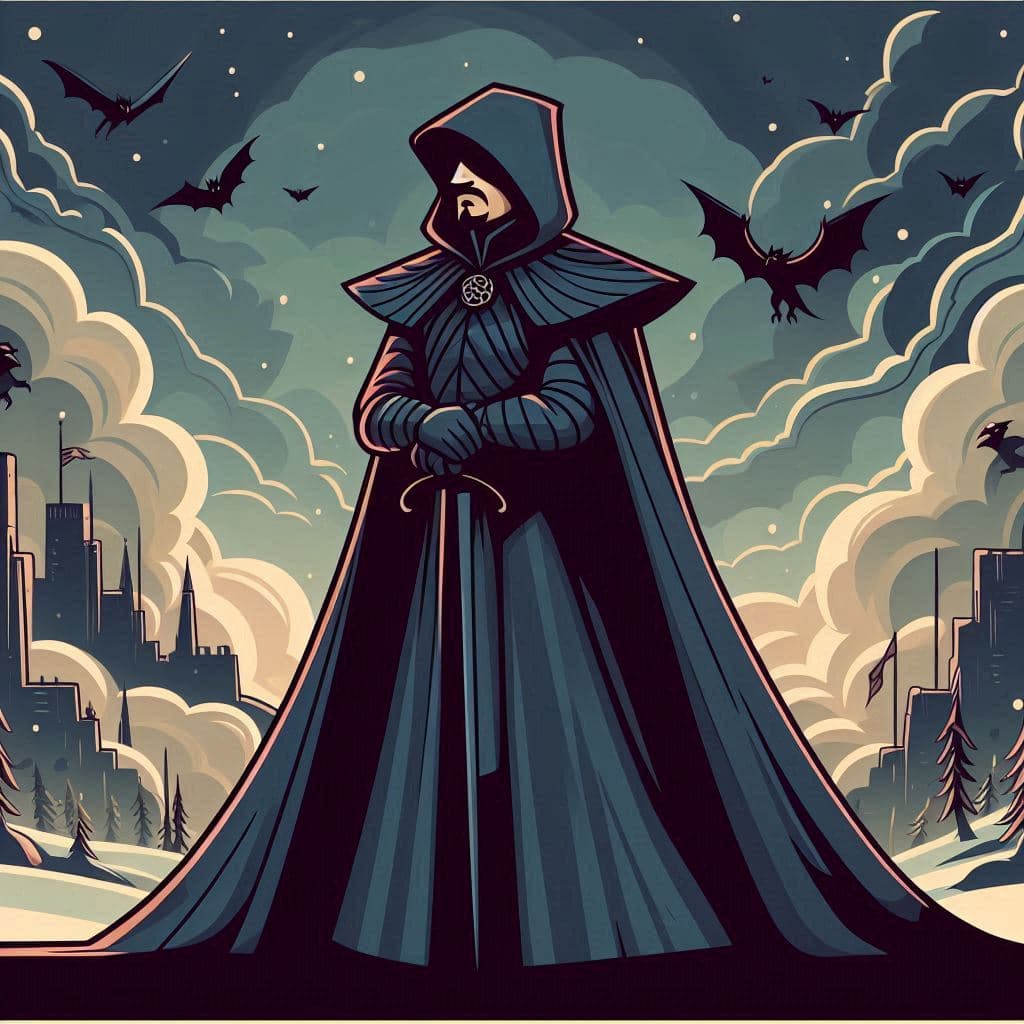cartoon-style illustration of a mysterious, strategic figure inspired by Littlefinger, seen from the back